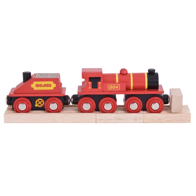 Levně Bigjigs Rail Dřevěná červená lokomotiva s tendrem + 3 koleje