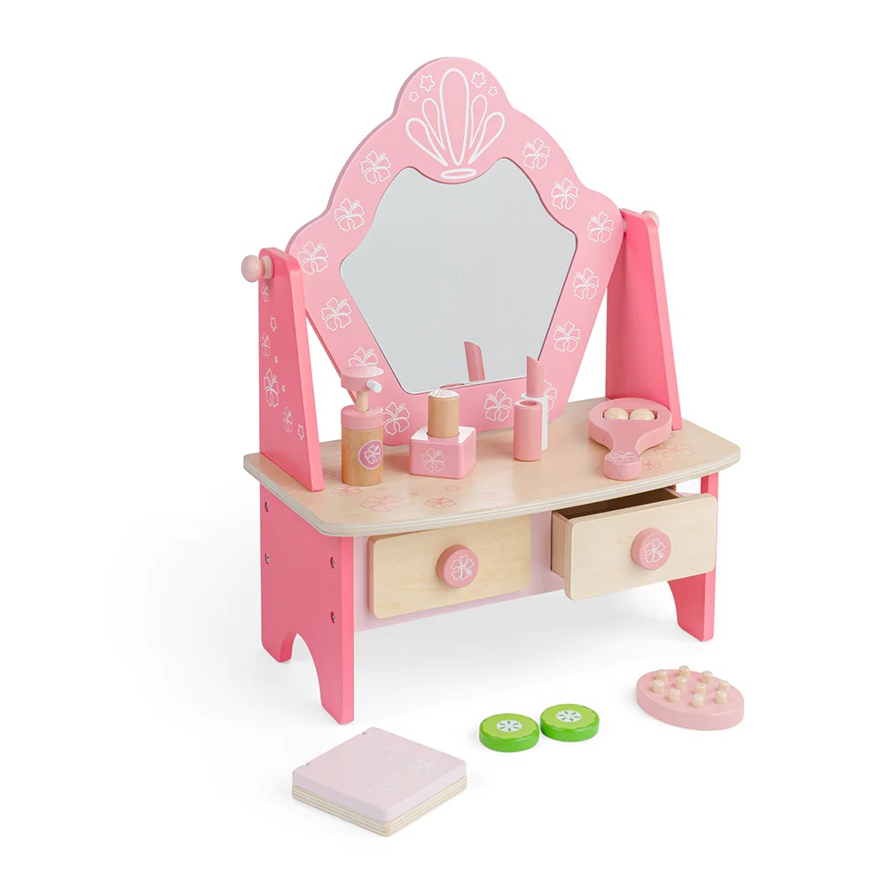 Levně Bigjigs Toys Dřevěný kosmetický stolek růžový