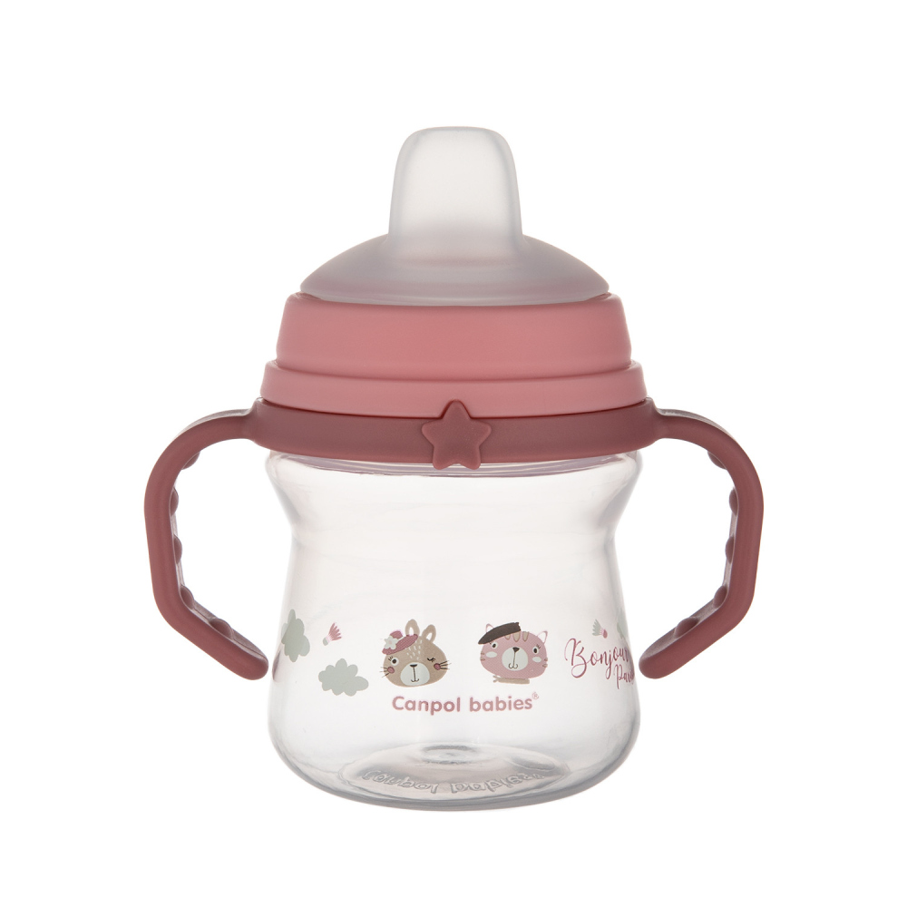 Levně Canpol babies Hrneček se silikonovým pítkem FirstCup BONJOUR PARIS 150ml růžový