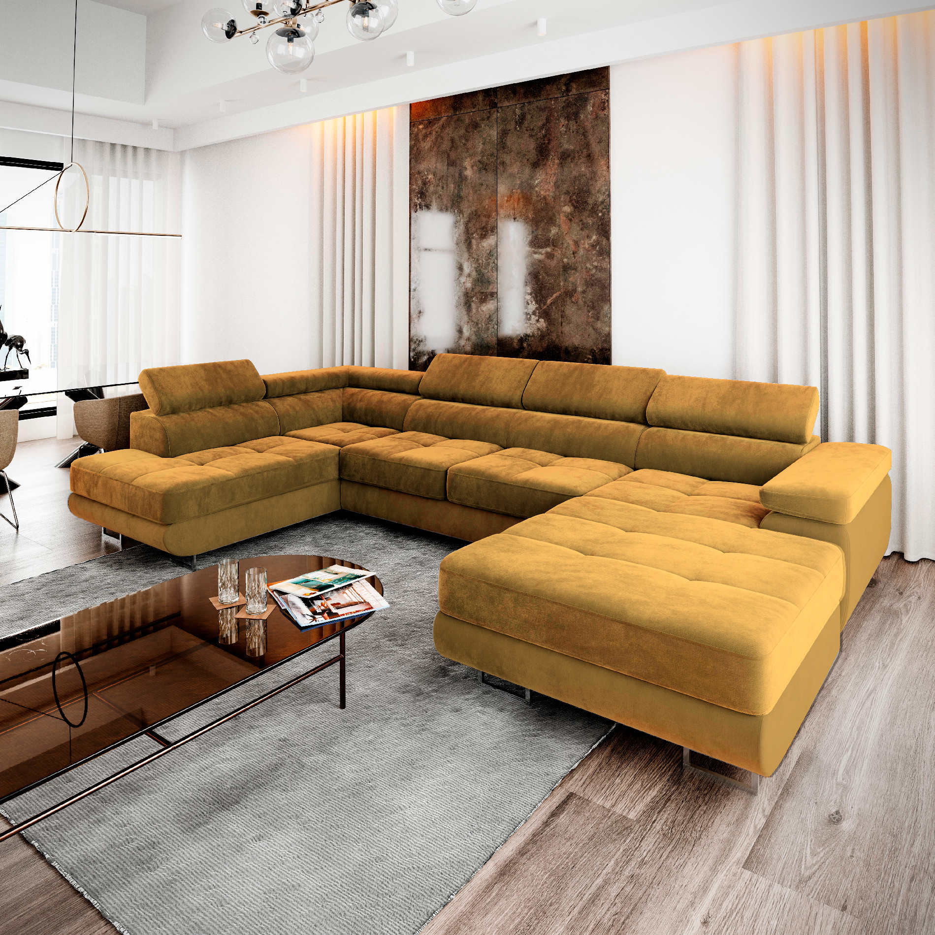 Eka Rohová sedačka KALISI do U, 347 cm Roh sedačky: Pravý roh, Barva látky: MONOLITH 48 (Hořčicová zlatá)