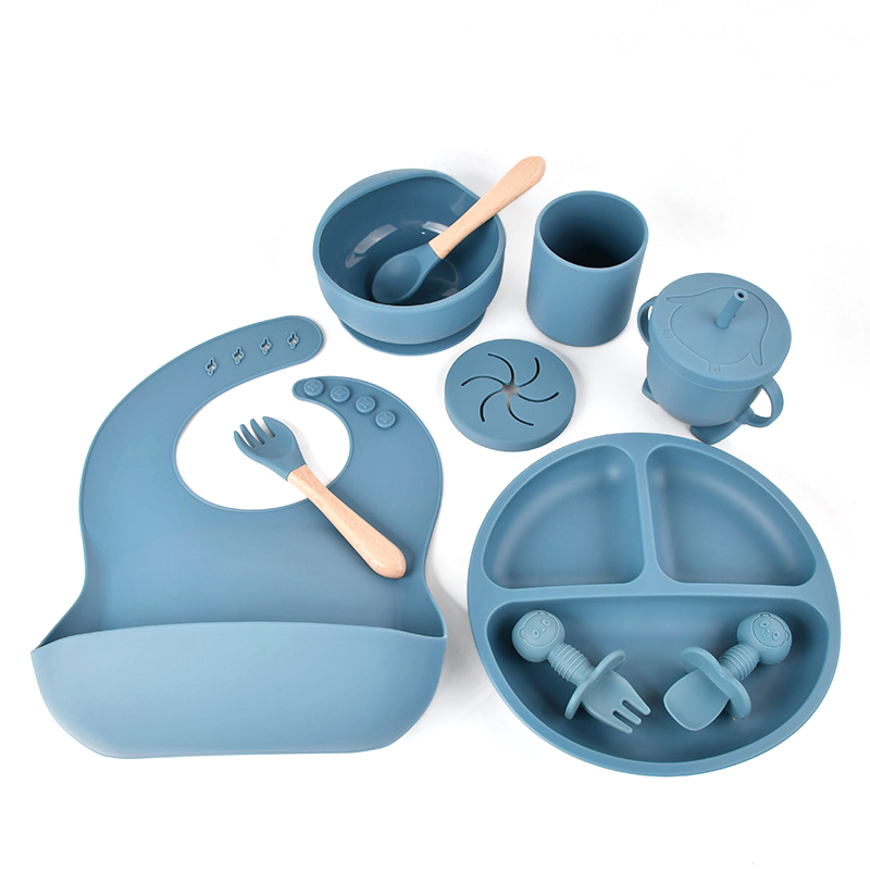 PupyHou Dětská silikonová jídelní sada PupyHou, 10-dílná Barva: Blue (modrá)