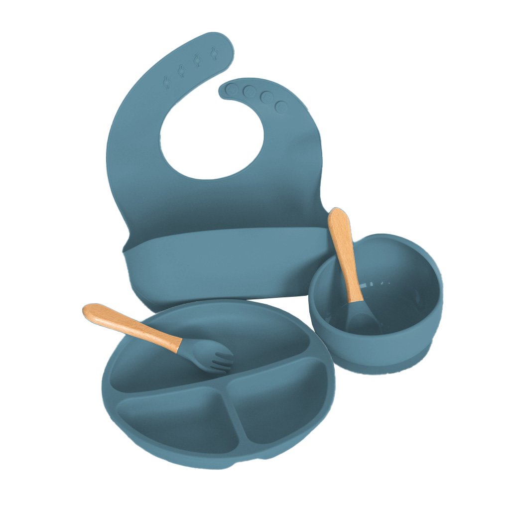 PupyHou Dětská silikonová jídelní sada PupyHou, 5-dílná Barva: Blue (modrá)