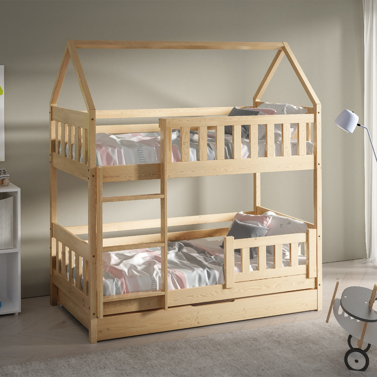 Eka Dětská dřevěná patrová postel ve tvaru domečku CLAUDIE, 160 x 80 cm Přírodní