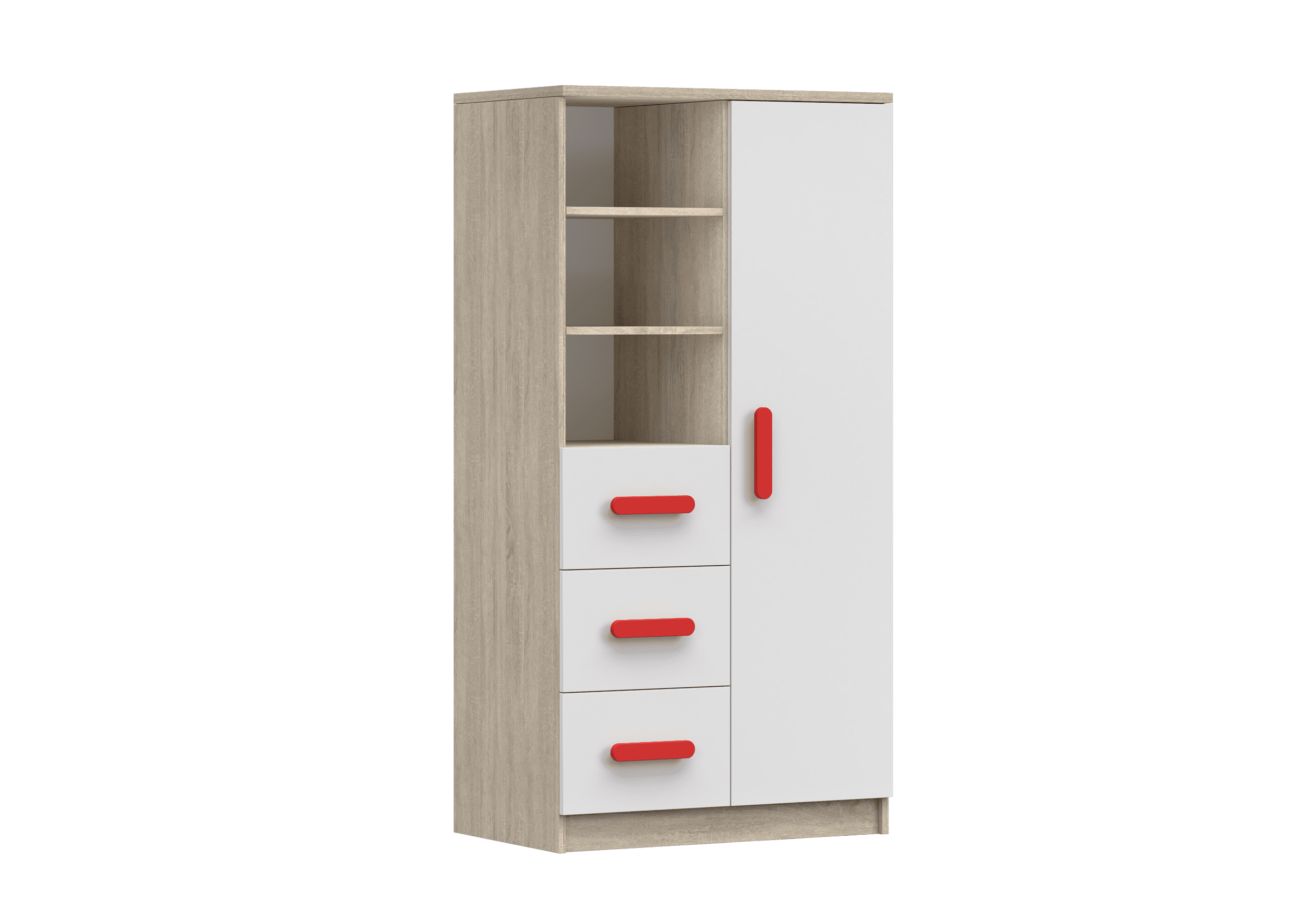 IDZ Knihovna SMYK III 3S1D 05, 80 cm Bílá + Dub Sonoma / Barevné úchytky Barva: Červená