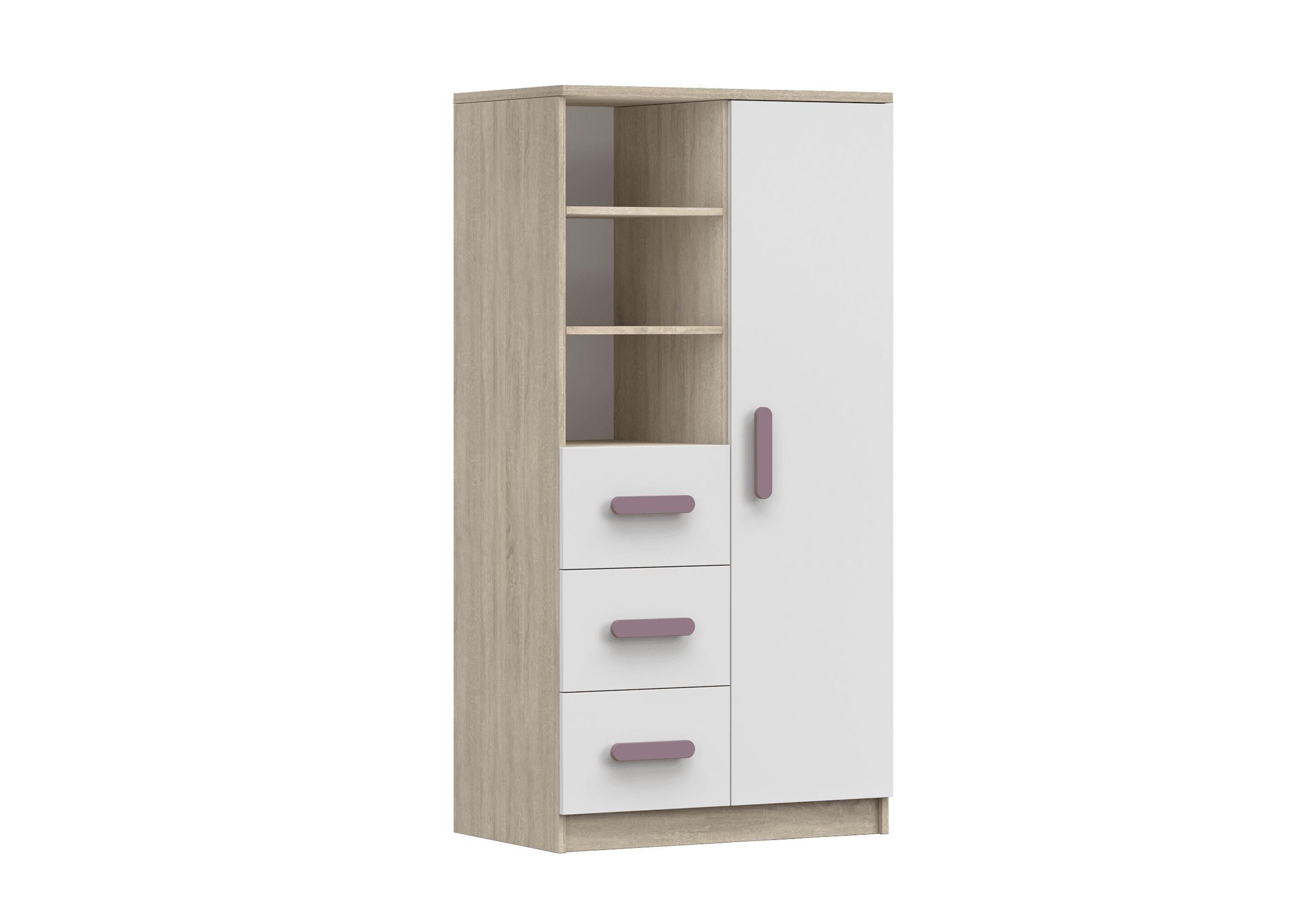 IDZ Knihovna SMYK III 3S1D 05, 80 cm Bílá + Dub Sonoma / Barevné úchytky Barva: Fialová
