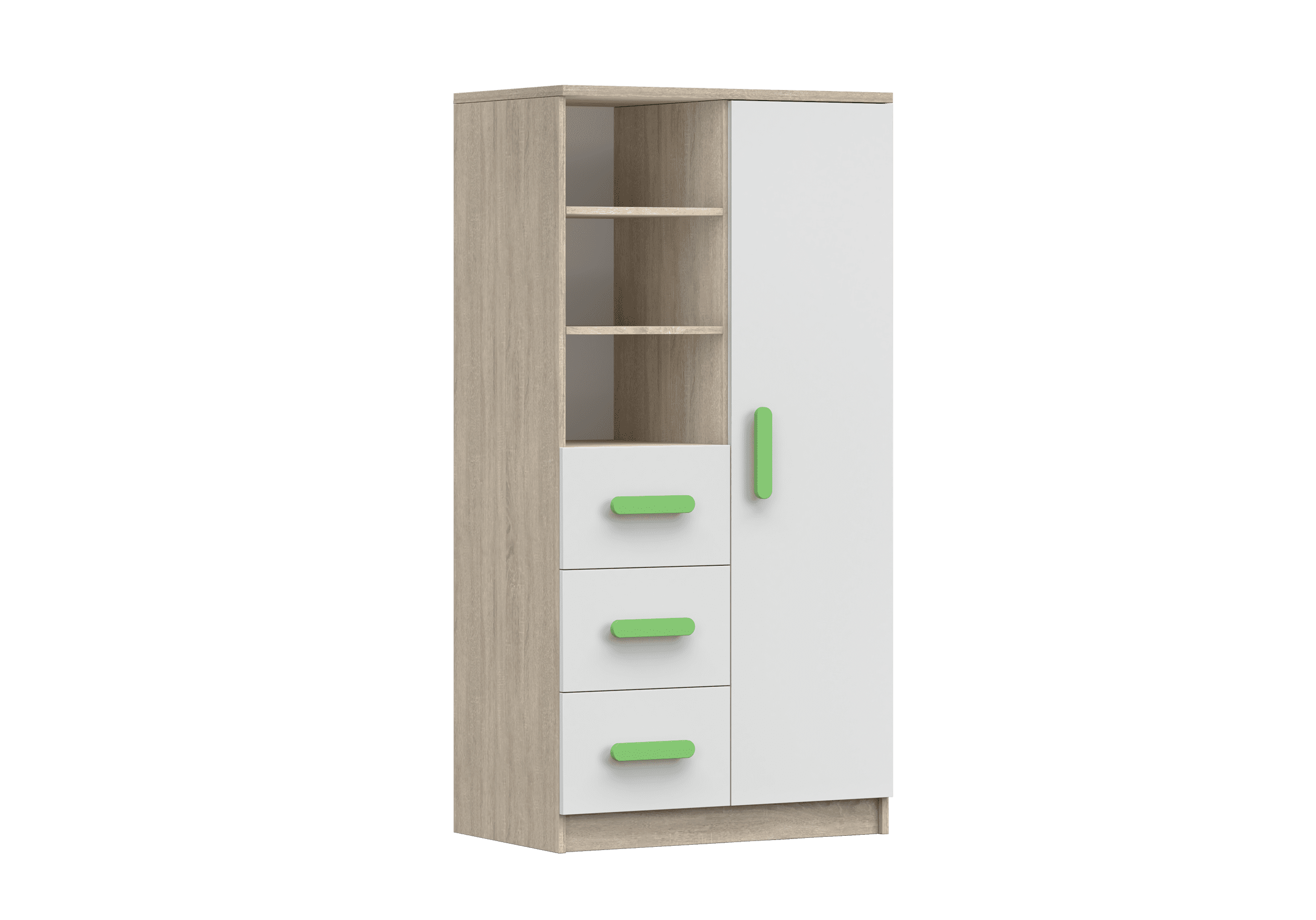 IDZ Knihovna SMYK III 3S1D 05, 80 cm Bílá + Dub Sonoma / Barevné úchytky Barva: Zelená