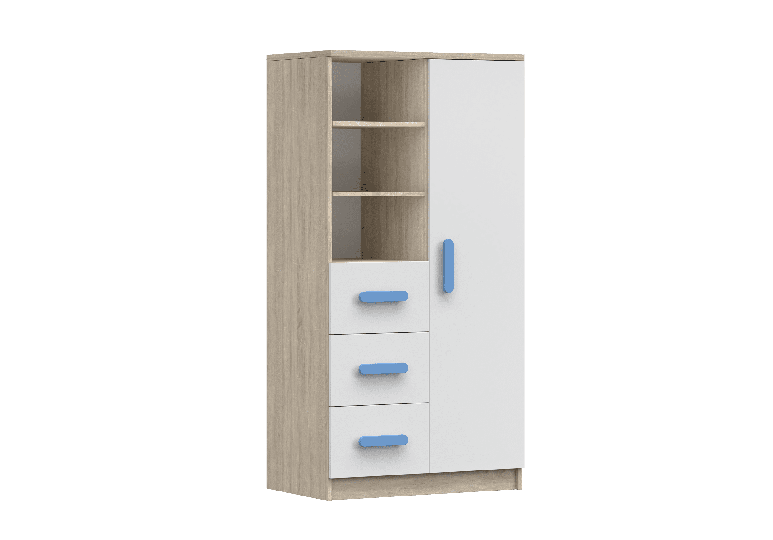 IDZ Knihovna SMYK III 3S1D 05, 80 cm Bílá + Dub Sonoma / Barevné úchytky Barva: Modrá
