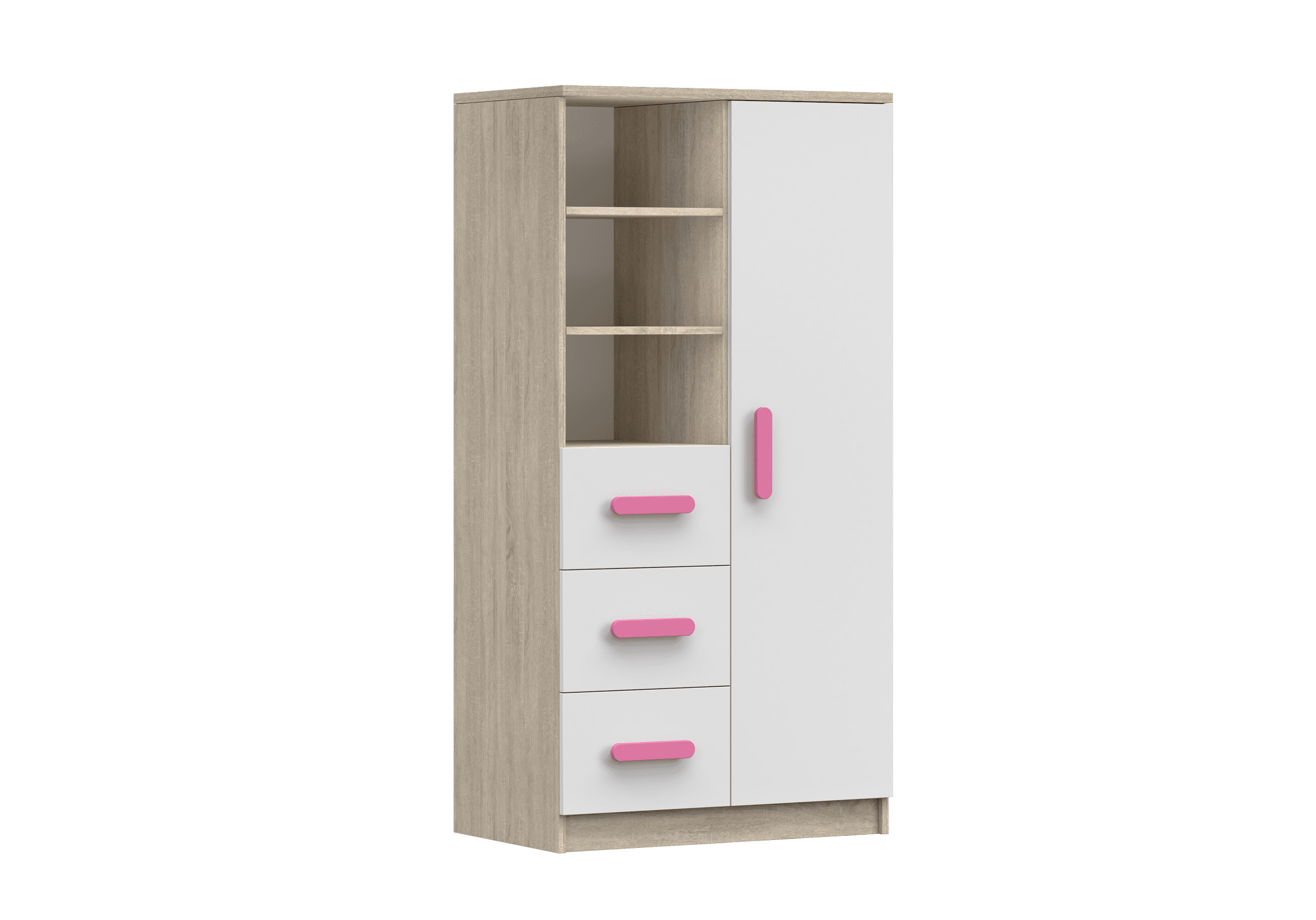 IDZ Knihovna SMYK III 3S1D 05, 80 cm Bílá + Dub Sonoma / Barevné úchytky Barva: Růžová