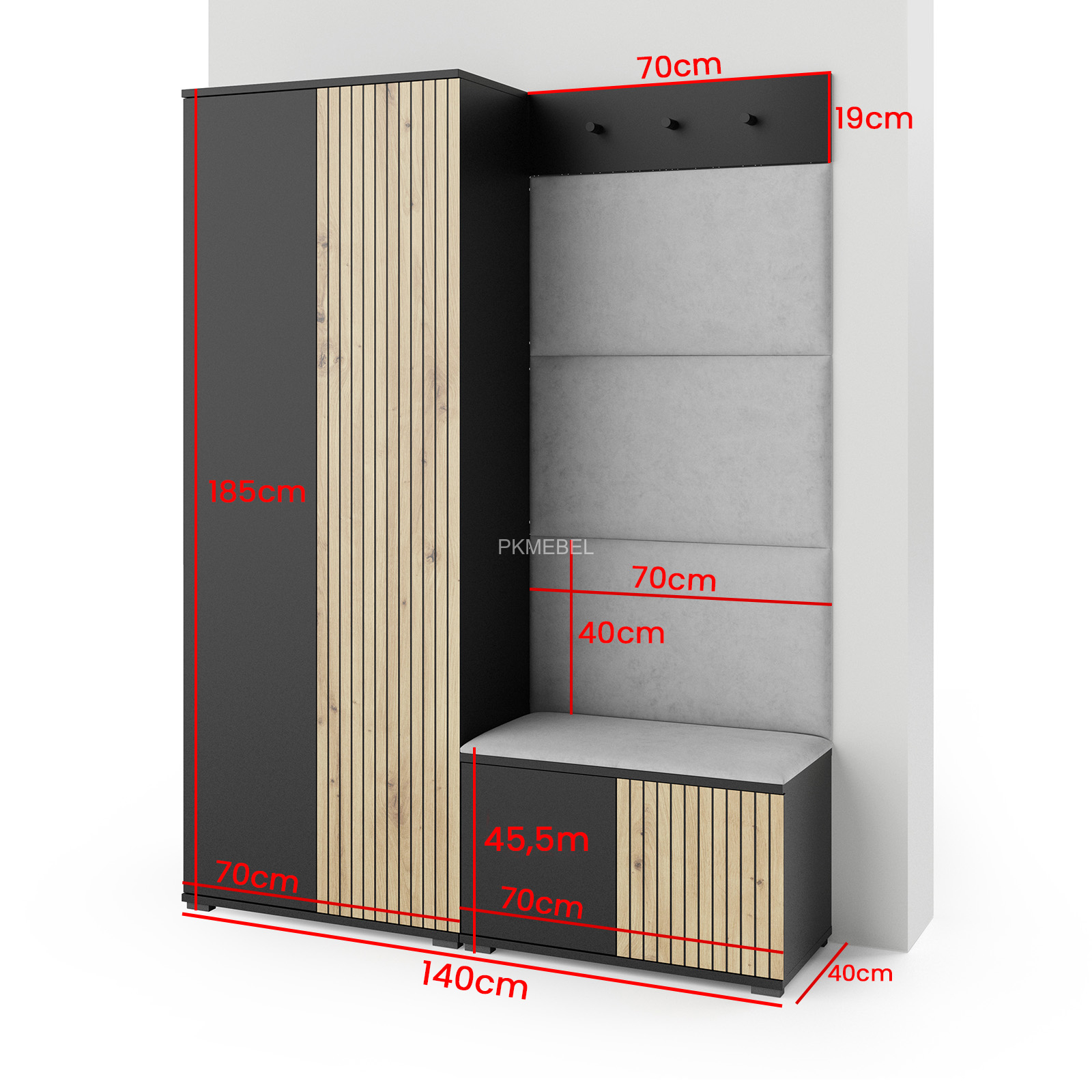 Eka Předsíňová stěna s čalouněnými panely Joey 1 - Černá a Dub Artisan / Hnědá 2307