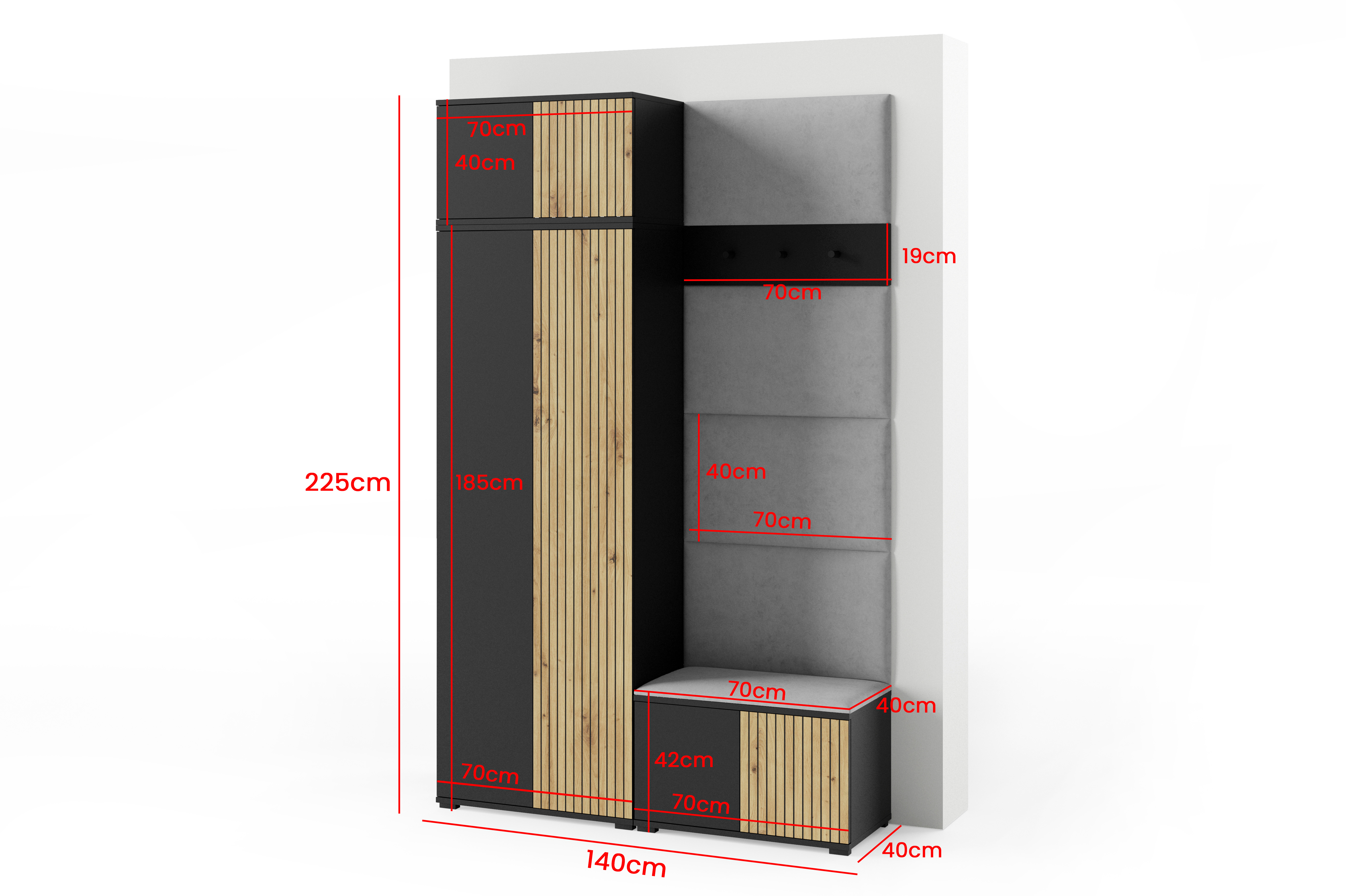 Eka Předsíňová stěna s čalouněnými panely Joey 2 - Černá a Dub Artisan / Béžová 2304