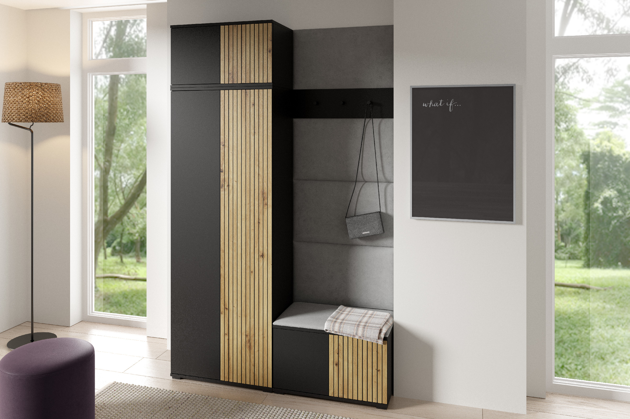 Eka Předsíňová stěna s čalouněnými panely Joey 2 - Černá a Dub Artisan / Šedá 2314