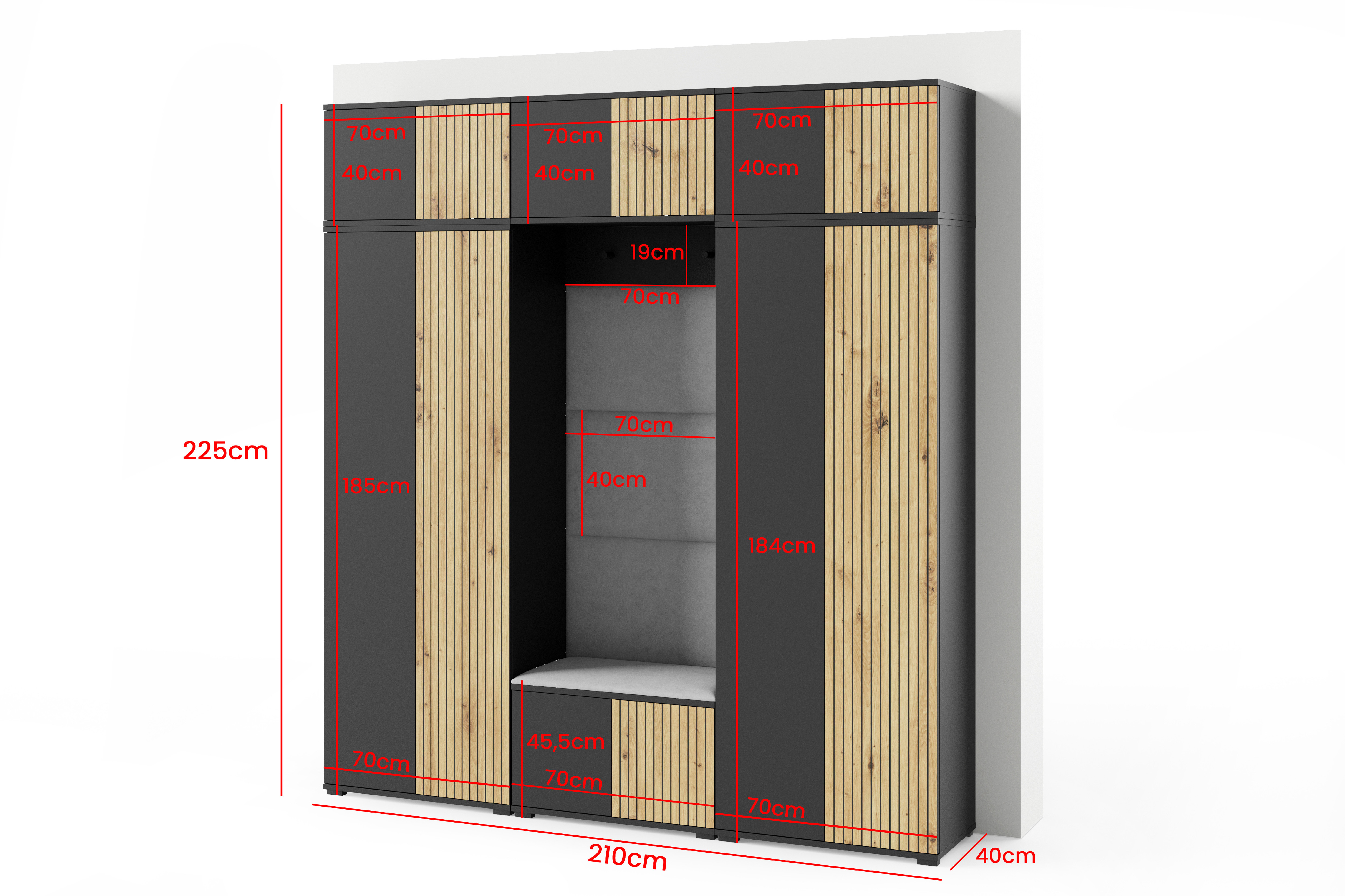Eka Předsíňová stěna s čalouněnými panely Joey 4 - Černá a Dub Artisan / Béžová 2304
