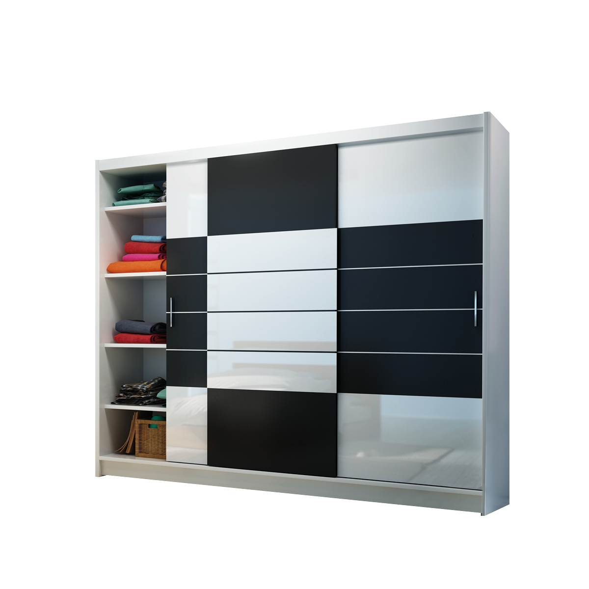 STO Šatní skříň ARUBA 250 cm, Černá / Bílý lesk