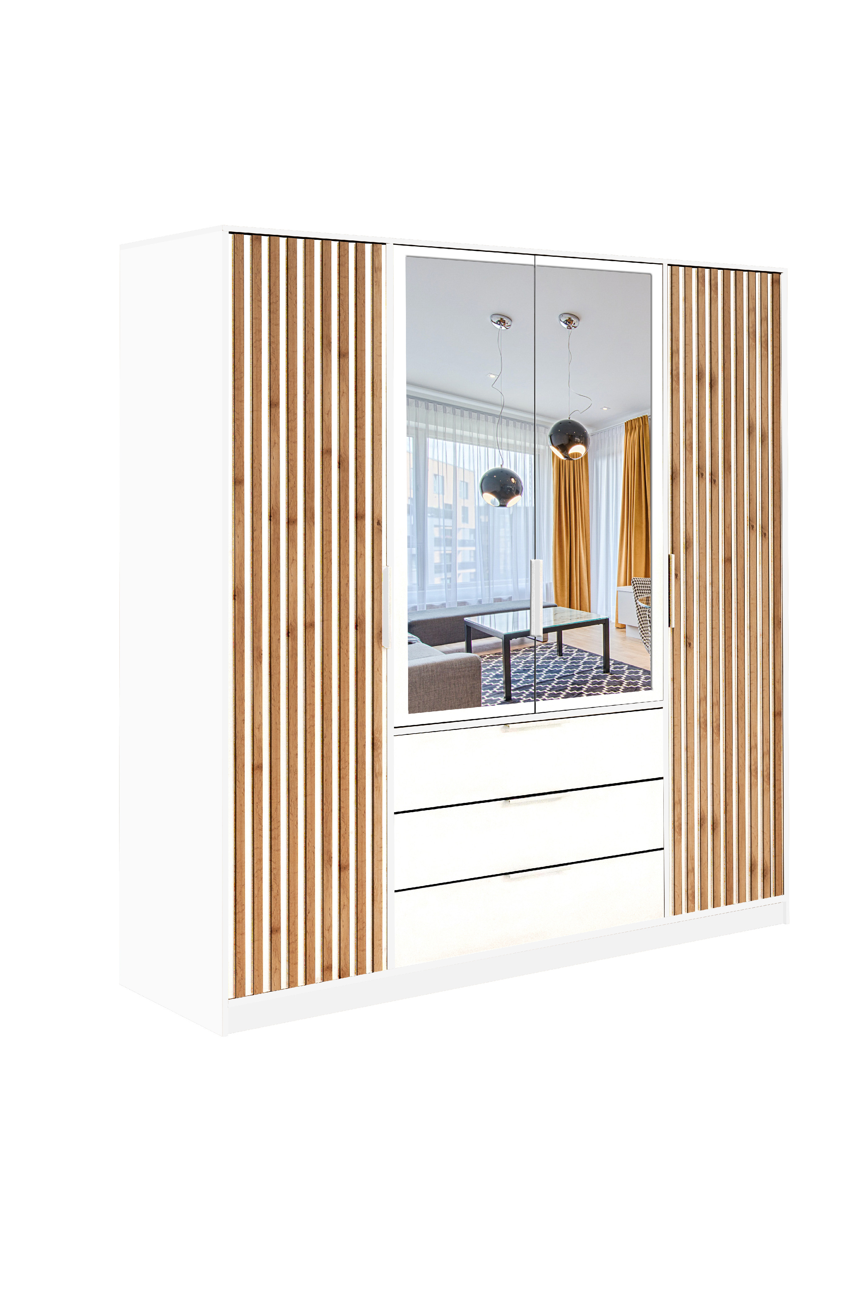 STO Šatní skříň BALI D4 LUX 196 cm,  Bílá / Dub Votan