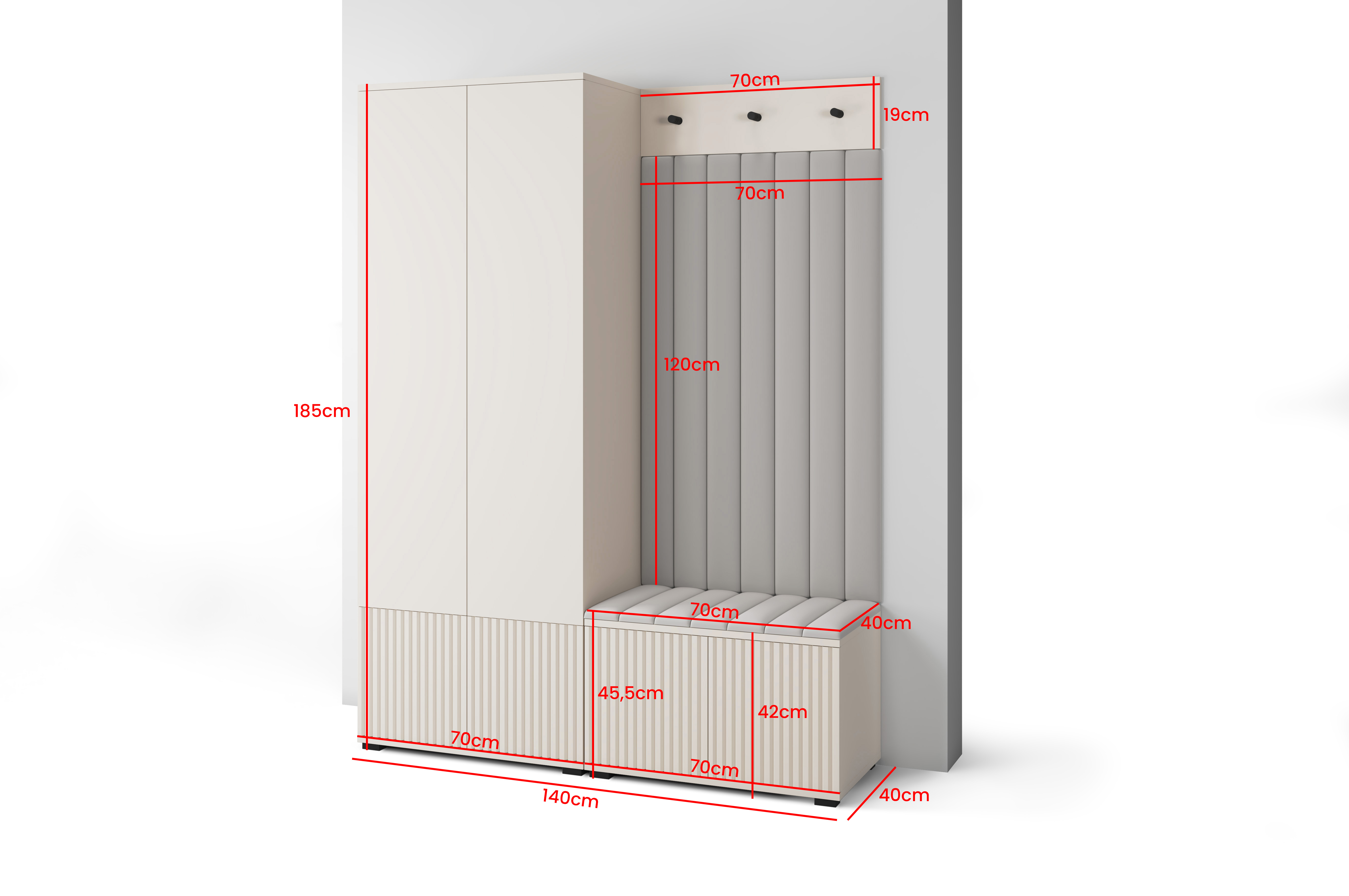 Eka Předsíňová stěna s čalouněnými panely RAYO 1 s nízkými nožkami bez zrcadla - Kašmír / Olivová 2312