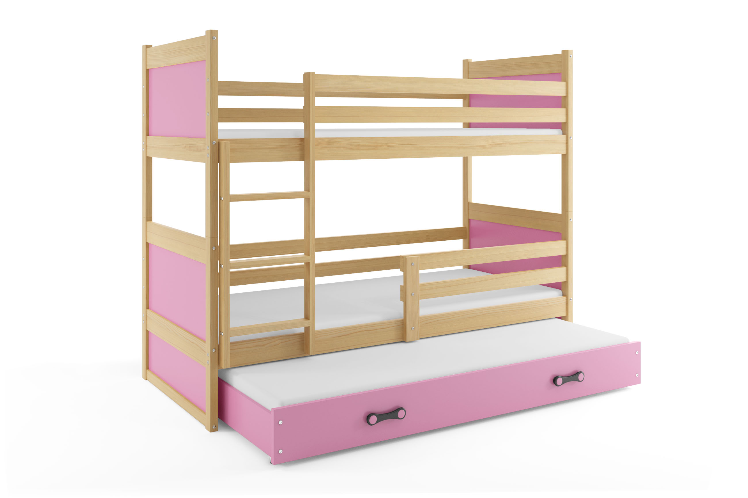 SMB Dětská patrová postel s přistýlkou RICK 4, 90x190 cm Dekor: Borovice, Barva šuplíku: Růžová