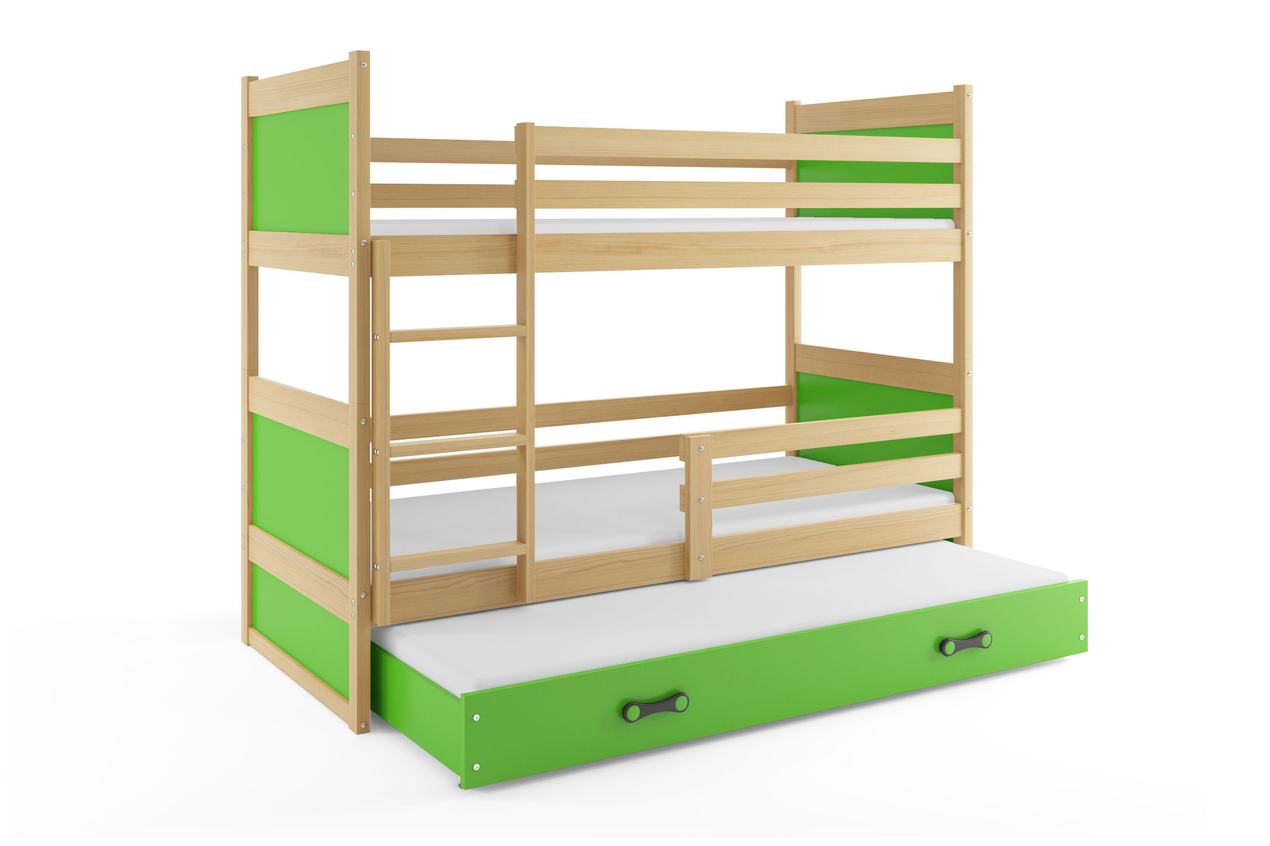 SMB Dětská patrová postel s přistýlkou RICK 4, 90x190 cm Dekor: Borovice, Barva šuplíku: Zelená