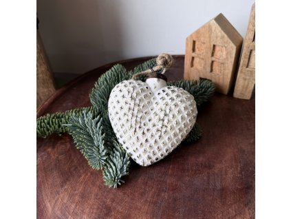 Skleněná ozdoba srdce bílostříbrná  7x8x2,5cm