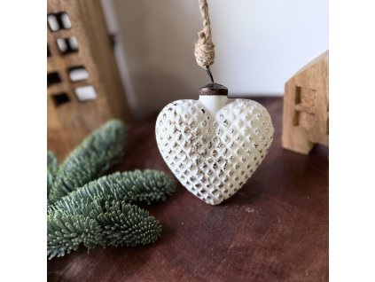 Skleněná ozdoba srdce bílostříbrná  9,5x11x3,5cm