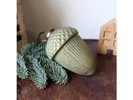 Skleněná ozdoba žalud zelená matná 9x14x9cm