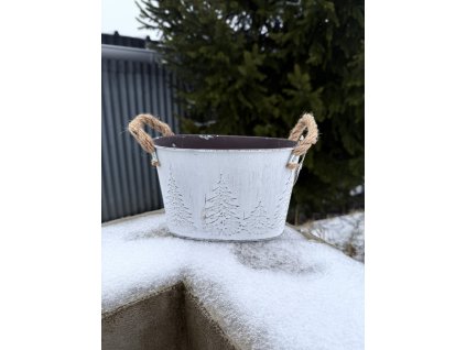 Obal ovál bílý, stromečky - květináč 19,5 x 11,2 x 12 cm