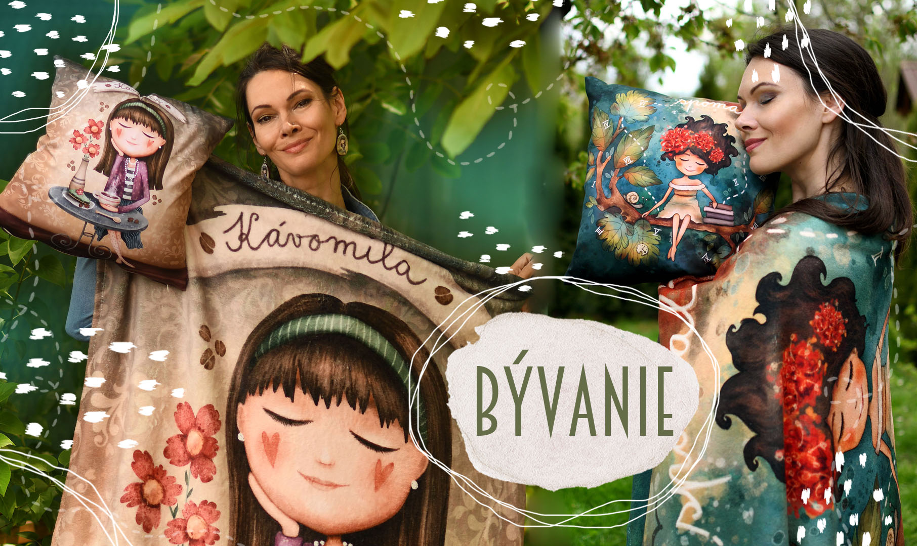 Bývanie, doplnky, textílie, vankúše, deky a podložky s originálnymi ilustráciami