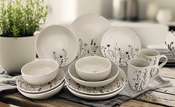 Kolekce Cream Garden – keramická jídelní souprava ve smetanovém a černém provedení s jemným květinovým dekorem inspirovaným přírodou. Elegantní spojení rustikálního a moderního stylu.