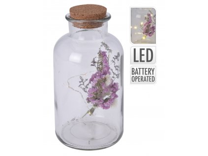 Dekorace lahev s květinou a LED osvětlením, korkové víko, svazek květů