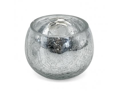 Svícen praskaný stříbrný, 12x12x10 cm, sklo