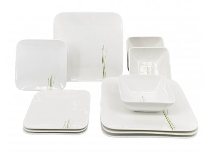 Jídelní souprava čtvercových talířů Carré Grass, 12 ks, bílá se zeleným dekorem.