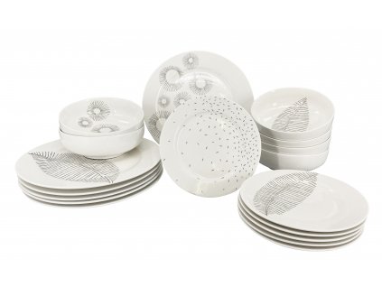 Jídelní sada talířů, 18 ks, bílá s šedým dekorem, materiál porcelán, složení - 6 ks mělký talíř, 6 ks dezertní talíř, 6 ks polévková miska