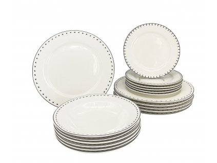 Jídelní sada talířů, 18 ks, bílá s černým dekorem, materiál porcelán, složení - 6 ks mělký talíř, 6 ks dezertní talíř, 6 ks polévkový talíř, vhodné do myčky i mikrovlnné trouby.