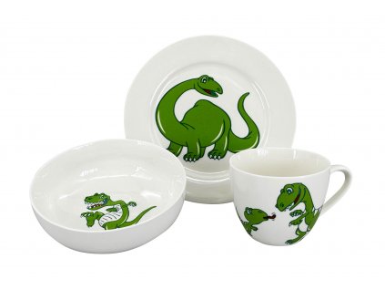 Dětský jídelní set Dino, 3 ks - talíř ø 20cm, miska ø 14cm, šálek o objemu 220 ml, materiál porcelán, barva bílá, zelený dekor dinosaura.