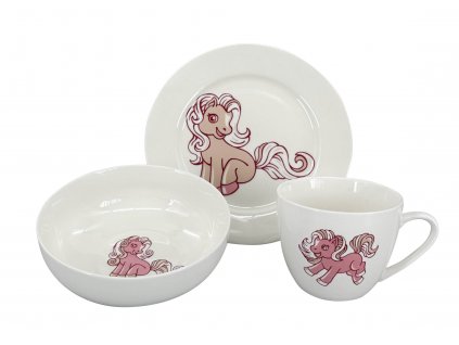 Dětský jídelní set Pony, 3 ks - talíř ø 20cm, miska ø 14cm, šálek o objemu 220 ml, materiál porcelán, barva bílá, růžový dekor poníka.