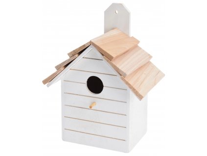 Ptačí budka Plank - materiál dřevo, barva bílá s přírodní střechou, rozměry 16x22x11 cm.