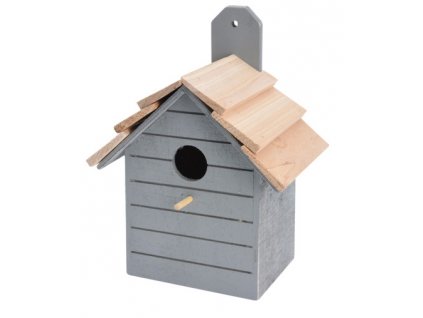 Ptačí budka Plank - materiál dřevo, barva šedá s přírodní střechou, rozměry 16x22x11 cm.