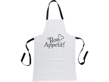 Bílá bavlněná zástěra s černým nápisem "Bon Apetit", jednoduchý elegantní design s černými úvazky.