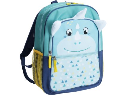 Dětský batoh Dino v modré barvě s motivem dinosaura, dvě přední kapsy a polstrovaná záda