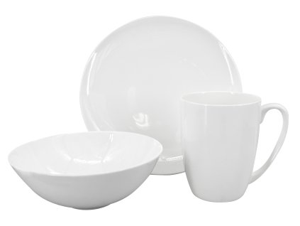 Minimalistický snídaňový set Luna – bílý porcelánový talíř, miska a hrnek ve vzájemně sladěném designu.
