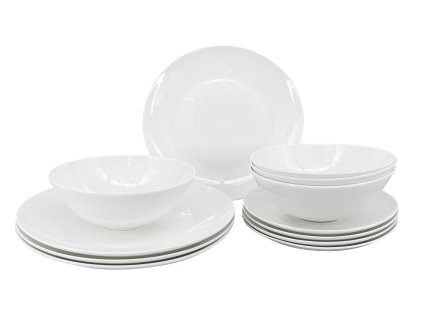 12dílná porcelánová sada Luna – kulaté bílé talíře a misky s jemným smetanovým nádechem, elegantní bez dekoru.