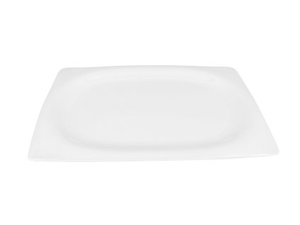 Porcelánový servírovací tác Verto v bílé barvě, obdélníkový tvar o rozměru 33,5 × 23,5 cm s elegantně zaoblenými hranami.