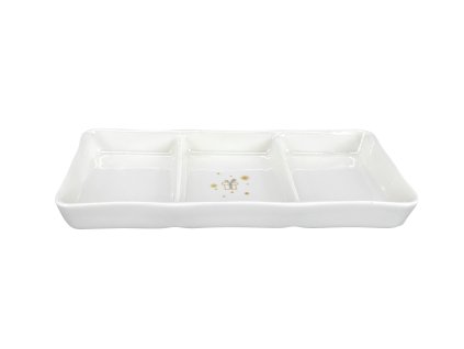 Bílá porcelánová degustační miska obdélníkového tvaru se třemi oddělenými přihrádkami.