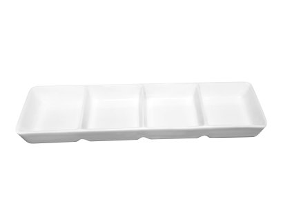 Bílá porcelánová servírovací miska obdélníkového tvaru se čtyřmi oddělenými přihrádkami.
