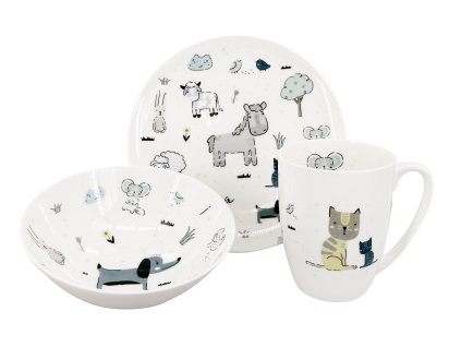 Dětská porcelánová sada BIO Farma s béžovými zvířátky (talíř, miska, hrnek).7107 0E 96