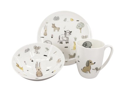 Dětská porcelánová sada BIO Farma s béžovými zvířátky (talíř, miska, hrnek)