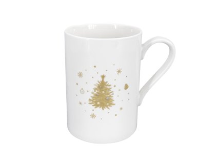 Bílý porcelánový hrnek s třpytivým dekorem zlatého vánočního stromečku a sněhových vloček, značka by inspire.