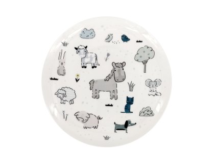 Dětský bílý porcelánový dezertní talíř ø 20,5 cm s motivem zvířátek z farmy, včetně hrocha.