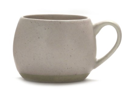 Šedomodrý keramický hrnek Nubo s buclatým tvarem, matným povrchem a neglazovaným, světle hnědým spodním okrajem.