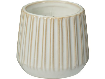 Porcelánový kelímek s vertikálními pruhy, bílá reaktivní glazura s krémovými detaily, uprostřed je bílý vosk.