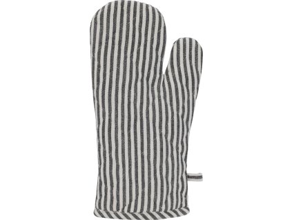 Kuchyňská chňapka s tenkými černými a bílými pruhy, s poutkem na zavěšení.